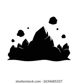 Abstract black and white mountain range design with floating rocks on a clean background