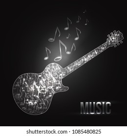 Abstract black and white music background with guitar and notes, vector illustration