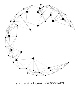 Abstract black and white network design forming a crescent shape with interconnected dots and lines, symbolizing digital technology, data, or global connections.