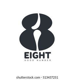 Abstract black and white number eight logo template made by cut out diagonal rounded shapes, vector illustration isolated on white background. Black and white number eight graphic logotype