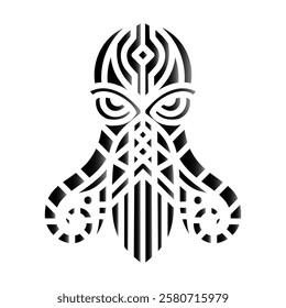 Abstract black and white octopus illustration with tribal geometric patterns, perfect for tattoo designs, logos, or artistic projects. Geometric Octopus Tribal Tattoo Design