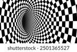 Abstract Black and White Optical Illusion Chess Pattern with Tunnel. Contrasty Optical Art Gravity Vortex. Smooth Checkered Tunnel and Chessboard in Perspective. Vector Illustration.