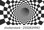 Abstract Black and White Optical Illusion Surrealism Tunnel Portal Pattern. Contrasty Optical Art Gravity Vortex. Smooth Checkered Tunnel and Chessboard in Perspective. Vector Illustration.