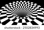 Abstract Black and White Optical Illusion Surrealism Tunnel Portal Pattern. Contrasty Optical Art Gravity Vortex. Smooth Checkered Tunnel and Chessboard in Perspective. Vector Illustration.