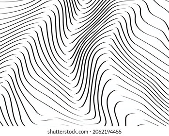Resumen de la onda de ilusión óptica en blanco y negro. Líneas blancas y negras con efecto de distorsión. Patrón de rayas geométricas vectoriales.