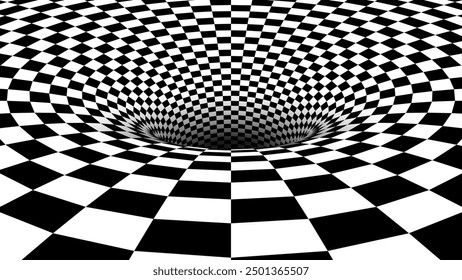 Abstract Black and White Optical Illusion Chess Pattern with Tunnel. Contrasty Optical Art Gravity Vortex. Smooth Checkered Tunnel and Chessboard in Perspective. Vector Illustration.