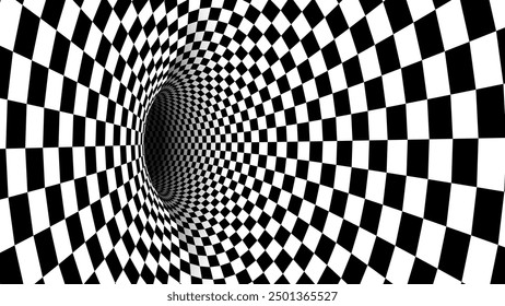 Abstract Black and White Optical Illusion Chess Pattern with Tunnel. Contrasty Optical Art Gravity Vortex. Smooth Checkered Tunnel and Chessboard in Perspective. Vector Illustration.