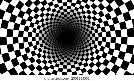 Abstrakte schwarz-weiße optische Täuschung Schachmuster mit Tunnel. Kontrastfähiger Schwerkraftwirbel für optische Kunst. Smooth Checkered Tunnel und Schachbrett in der Perspektive. Vektorgrafik.