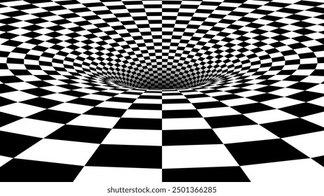 Abstract Black and White Optical Illusion Chess Pattern with Tunnel. Contrasty Optical Art Gravity Vortex. Smooth Checkered Tunnel and Chessboard in Perspective. Vector Illustration.