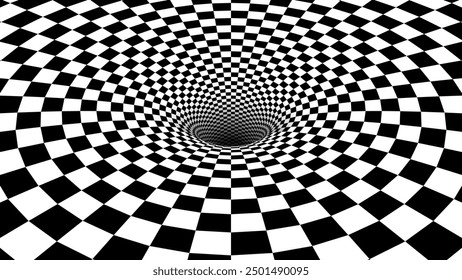 Abstract Black and White Optical Illusion Chess Pattern with Tunnel. Contrasty Optical Art Gravity Vortex. Smooth Checkered Tunnel and Chessboard in Perspective. Vector Illustration.