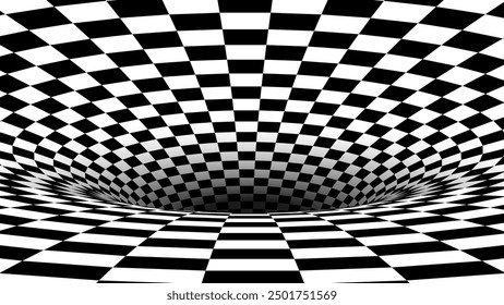 Abstract Black and White Optical Illusion Chess Pattern with Tunnel. Contrasty Optical Art Gravity Vortex. Smooth Checkered Tunnel and Chessboard in Perspective. Vector Illustration.