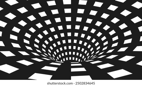 Abstract Black and White Optical Illusion Surrealism Tunnel Portal Pattern. Contrasty Optical Art Gravity Vortex. Smooth Checkered Tunnel and Chessboard in Perspective. Vector Illustration.