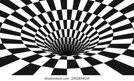 Abstract Black and White Optical Illusion Surrealism Tunnel Portal Pattern. Contrasty Optical Art Gravity Vortex. Smooth Checkered Tunnel and Chessboard in Perspective. Vector Illustration.