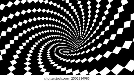 Abstract Black and White Optical Illusion Surrealism Tunnel Portal Pattern. Contrasty Optical Art Gravity Vortex. Smooth Checkered Tunnel and Chessboard in Perspective. Vector Illustration.