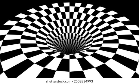 Abstract Black and White Optical Illusion Surrealism Tunnel Portal Pattern. Contrasty Optical Art Gravity Vortex. Smooth Checkered Tunnel and Chessboard in Perspective. Vector Illustration.