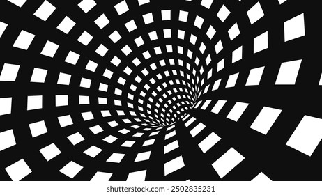 Abstract Black and White Optical Illusion Surrealism Tunnel Portal Pattern. Contrasty Optical Art Gravity Vortex. Smooth Checkered Tunnel and Chessboard in Perspective. Vector Illustration.