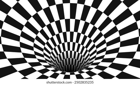 Abstract Black and White Optical Illusion Surrealism Tunnel Portal Pattern. Contrasty Optical Art Gravity Vortex. Smooth Checkered Tunnel and Chessboard in Perspective. Vector Illustration.