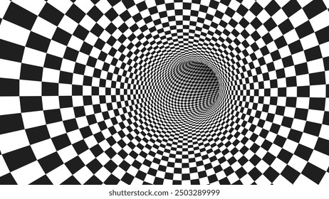 Abstract Black and White Optical Illusion Surrealism Tunnel Portal Pattern. Contrasty Optical Art Gravity Vortex. Smooth Checkered Tunnel and Chessboard in Perspective. Vector Illustration.