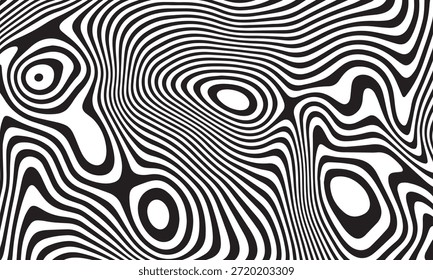 Ilusão óptica abstrata em preto e branco apresentando linhas curvas em espiral e padrões circulares