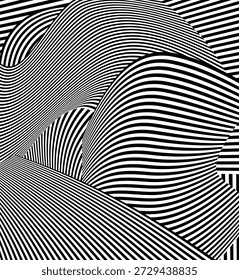 Ilusión óptica Abstractas en blanco y negro con líneas de rayas que fluyen y crean profundidad dinámica, movimiento y ritmo visual hipnótico
