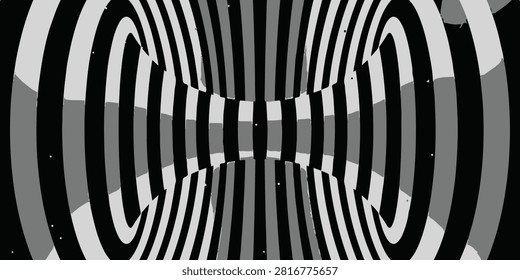 Abstract black and white optical illusion tunnel with concentric circles and curved lines creating a sense of depth and movement.