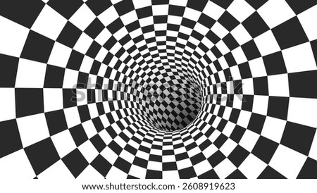 Abstract Black and White Optical Illusion Surrealism Tunnel Portal Pattern. Contrasty Optical Art Gravity Vortex. Smooth Checkered Tunnel and Chessboard in Perspective. Vector Illustration.