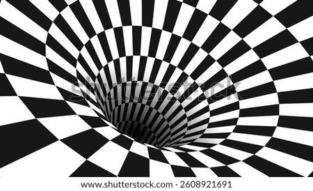 Abstract Black and White Optical Illusion Surrealism Tunnel Portal Pattern. Contrasty Optical Art Gravity Vortex. Smooth Checkered Tunnel and Chessboard in Perspective. Vector Illustration.