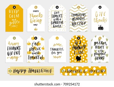 Abstract black, white, orange and gold glitter textured colored Thanksgiving Day printable tags collection. Thankful, grateful, blessed holiday sticker kit. Vector illustration.