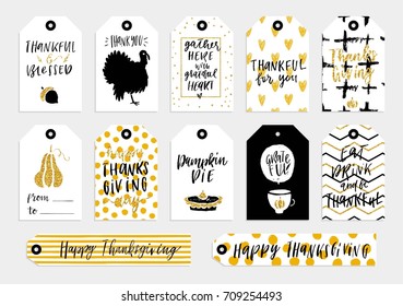 Abstract black, white, orange and gold glitter textured colored Thanksgiving Day printable tags collection. Thankful, grateful, blessed holiday sticker kit. Vector illustration.