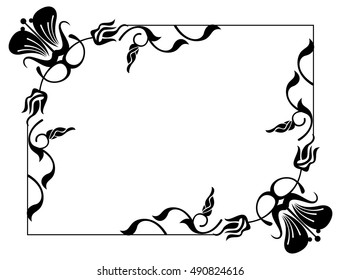 Abstract black and white ornament with decorative flowers. Silhouette frame with free space for text, photo or picture. Vector clip art.