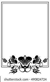 Abstract black and white ornament with decorative flowers. Silhouette frame with free space for text, photo or picture. Vector clip art.