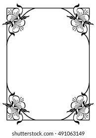 Abstract black and white ornament with decorative flowers. Silhouette frame with free space for text, photo or picture. Vector clip art.