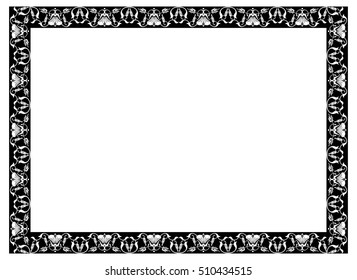 Abstract black and white ornament with decorative flowers. Horizontal silhouette frame with free space for text, photo or picture. Vector clip art.