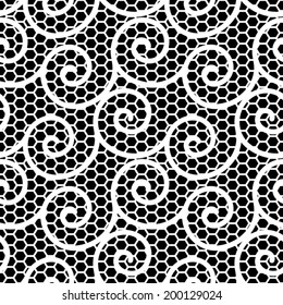 Abstract black and white ornament, lace texture, wavy vector seamless pattern