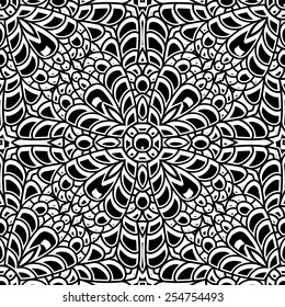 Abstract black and white ornament, lace texture, vector seamless pattern
