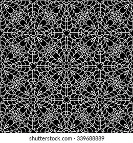 Abstract black and white ornament, lace texture, black and white vector seamless pattern