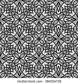 Abstract black and white ornament, lace texture, vector seamless linear pattern