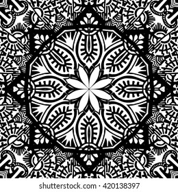 Abstract black and white ornament, vector seamless pattern, mandala