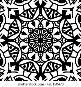 Abstract black and white ornament, vector seamless pattern, mandala