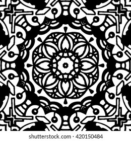 Abstract black and white ornament, vector seamless pattern, mandala