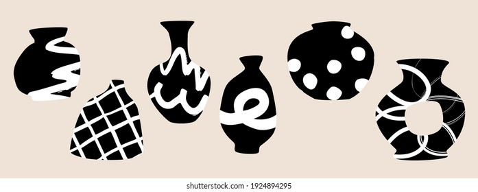 Abstract black and white ornamental vases. Ceramic and pottery vector design with hand-drawn textures isolated on gray background.