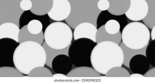 Abstract black and white overlapping circles pattern with optical illusions. For fabric , textile print, wrapping, cover, card