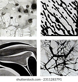  Resumen de trazos de pintura en blanco y negro aislados en blanco, trazos de pincel de tinta, ilustración creativa, paleta de arte
