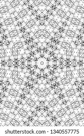 Abstract black and white painted kaleidoscopic background. Futuristic psychedelic hypnotic grunge backdrop pattern with texture. Ethnic floral ornamental mandala. Vintage geometric vector overlay