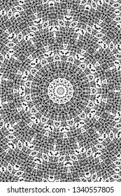 Abstract black and white painted kaleidoscopic background. Futuristic psychedelic hypnotic grunge backdrop pattern with texture. Ethnic floral ornamental mandala. Vintage geometric vector overlay