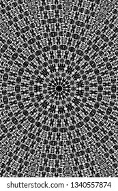 Abstract black and white painted kaleidoscopic background. Futuristic psychedelic hypnotic grunge backdrop pattern with texture. Ethnic floral ornamental mandala. Vintage geometric vector overlay