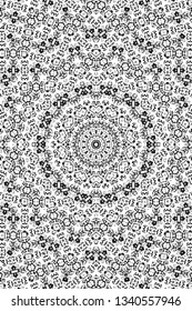 Abstract black and white painted kaleidoscopic background. Futuristic psychedelic hypnotic grunge backdrop pattern with texture. Ethnic floral ornamental mandala. Vintage geometric vector overlay