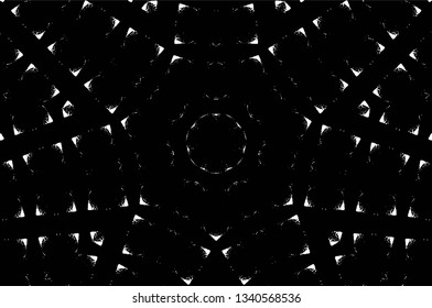 Abstract black and white painted kaleidoscopic background. Futuristic psychedelic hypnotic grunge backdrop pattern with texture. Ethnic floral ornamental mandala. Vintage geometric vector overlay