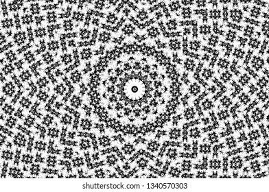 Abstract black and white painted kaleidoscopic background. Futuristic psychedelic hypnotic grunge backdrop pattern with texture. Ethnic floral ornamental mandala. Vintage geometric vector overlay