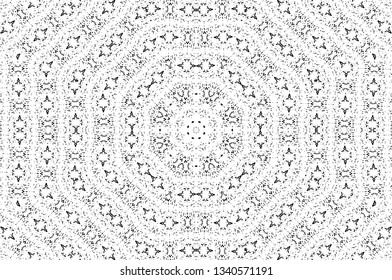 Abstract black and white painted kaleidoscopic background. Futuristic psychedelic hypnotic grunge backdrop pattern with texture. Ethnic floral ornamental mandala. Vintage geometric vector overlay